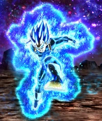 Vegeta in Super Saiyan Blue form, surrounded by a vibrant blue aura, unleashing energy in a cosmic landscape.