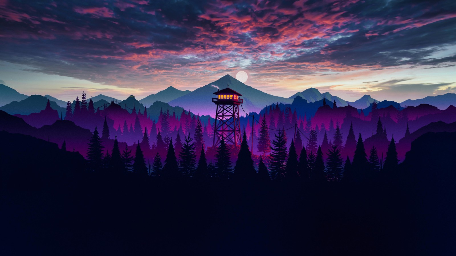 firewatch, mountains, dusk, sunset, watchtower wallpaper