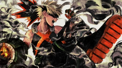 Katsuki Bakugo desata un poder explosivo en medio de humo en espiral en una pose de acción dinámica.