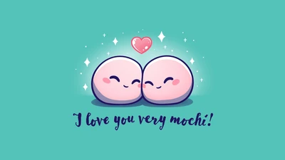 Personagens Mochi adoráveis compartilham amor em um fundo ciano