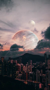 Skyscrapers Under a Celestial Moonlit Sky