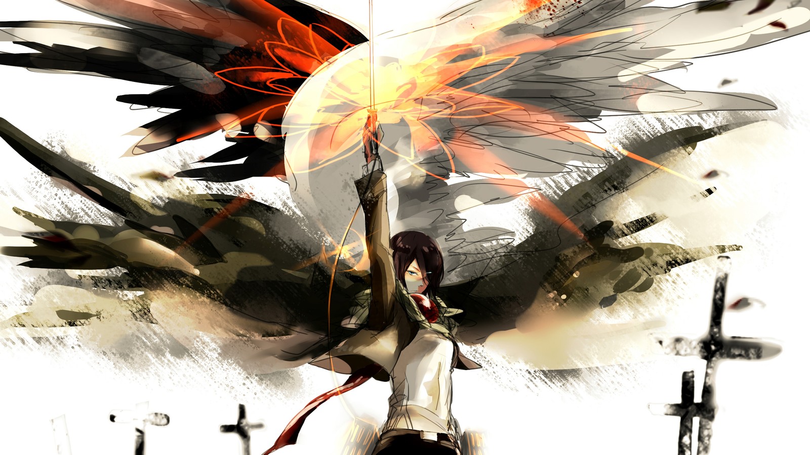 Anime, anime girl, wings, fire, sword, sword, sword, sword, sword, (mikasa ackerman, attack on titan, shingeki no kyojin, anime)