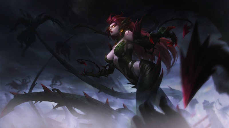 Женщина с красными волосами и красным плащом стоит в темноте (зира, zyra, lol, league of legends, видеоигра)