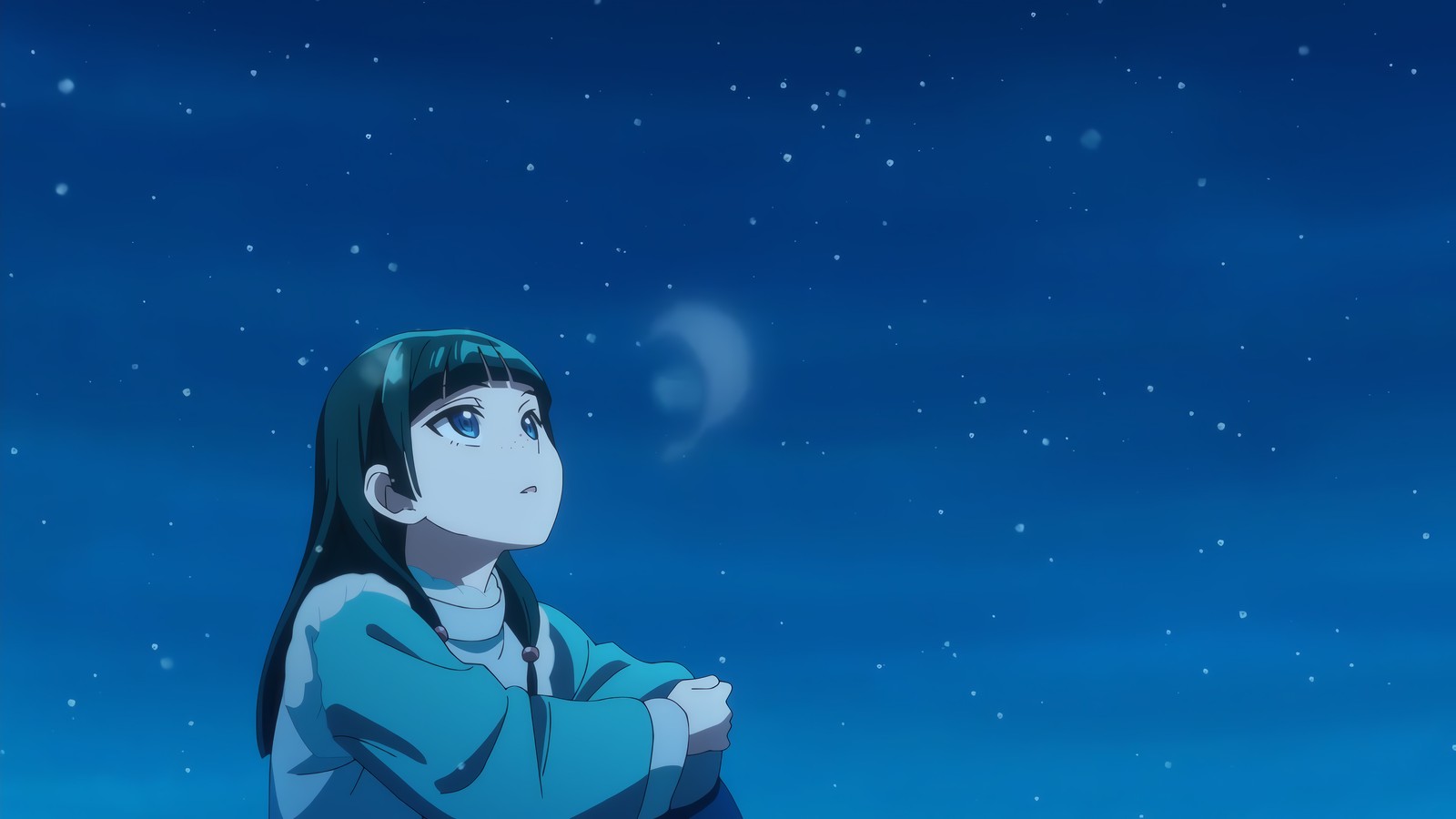 Une fille assise sur une pierre regardant le ciel (les journaux de lapothicaire, anime, maomao)