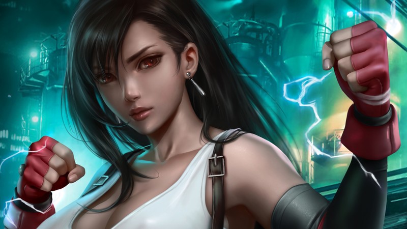 Женщина в белом топе держит красный предмет (тифа локхарт, tifa lockhart, final fantasy 7 remake, final fantasy vii remake, ff vii remake)