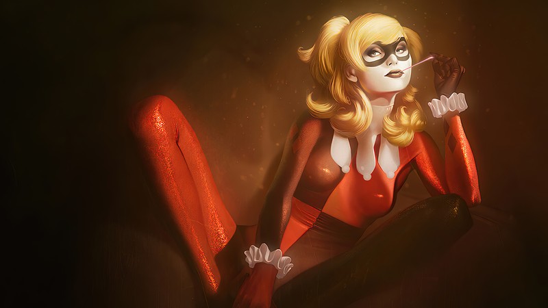 Крупный план женщины в красно-черном наряде (harley quinn, dc comics, комиксы)