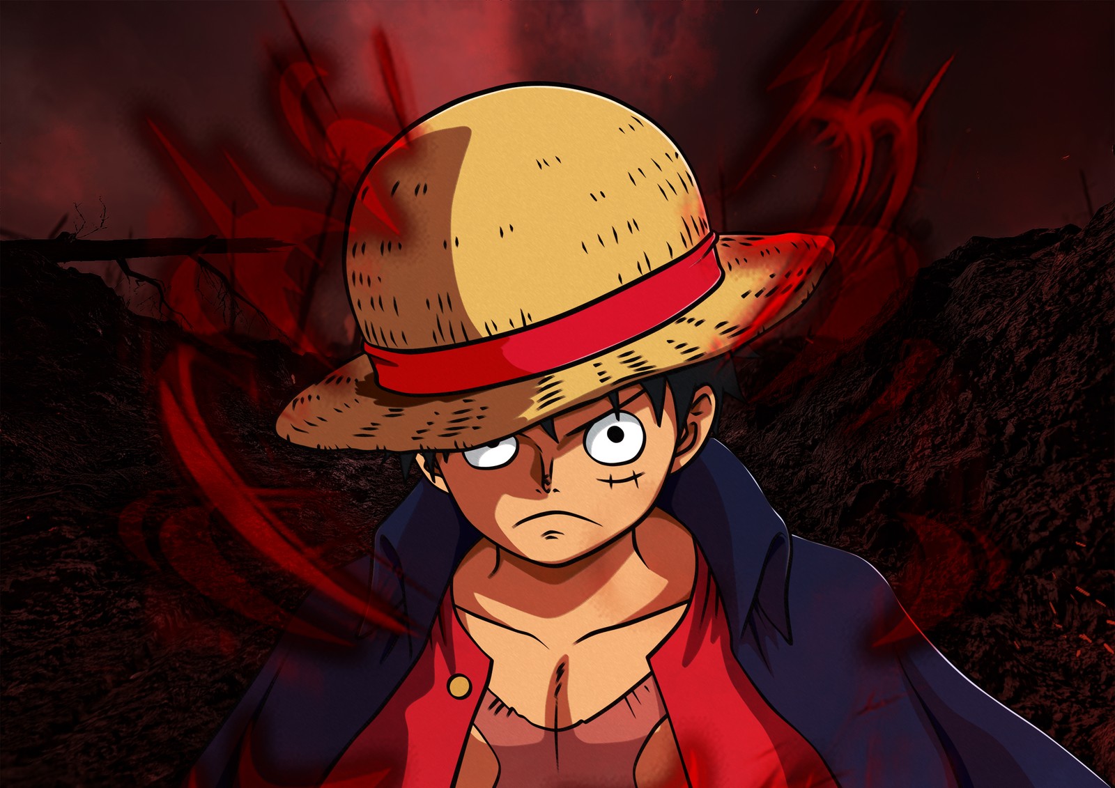 Eine cartoonartige darstellung eines mannes mit einem strohhut und einem roten hemd (monkey d luffy, 5k, one piece, anime, 4k hintergrund)