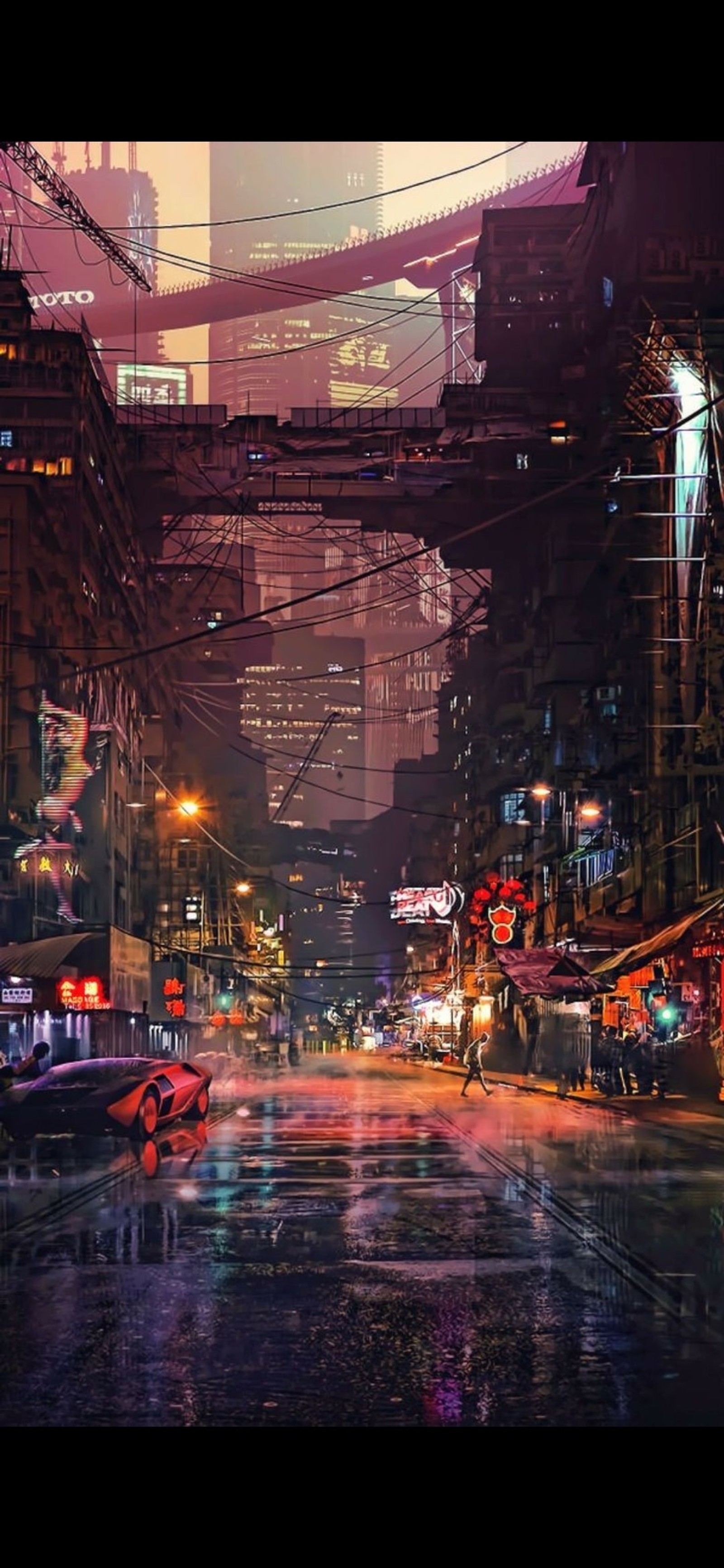 Uma rua da cidade com muito tráfego e pessoas (cyberpunk, ficção científica, cyberpunk 2077, edifício, iluminação automotiva)