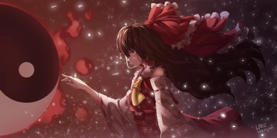 Reimu Hakurei in a cosmic setting, elegantly reaching towards a large yin-yang symbol amidst a starry sky.