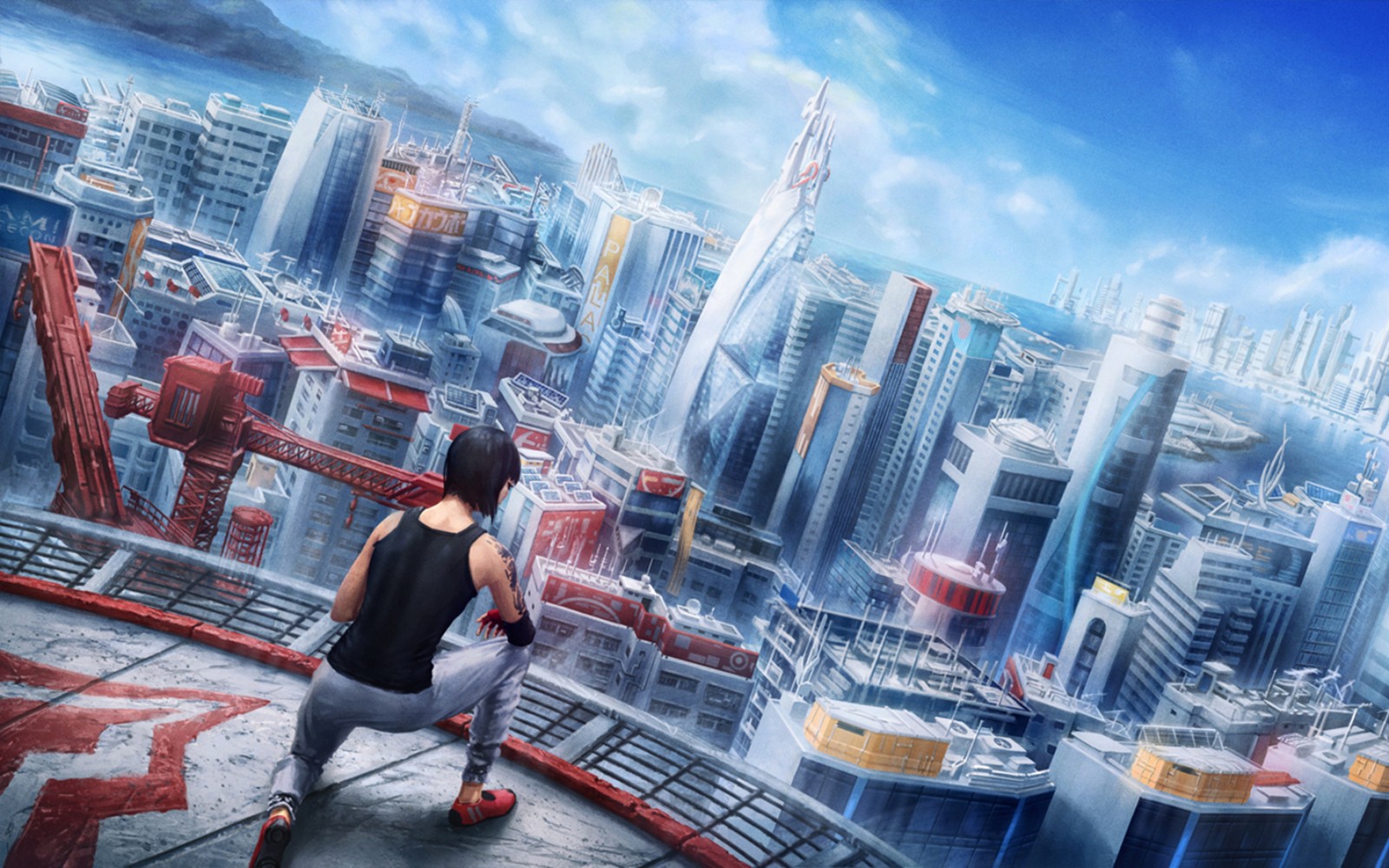 A woman standing on a ledge looking at a city (faith connors, electronic arts, city, games, ea dice)