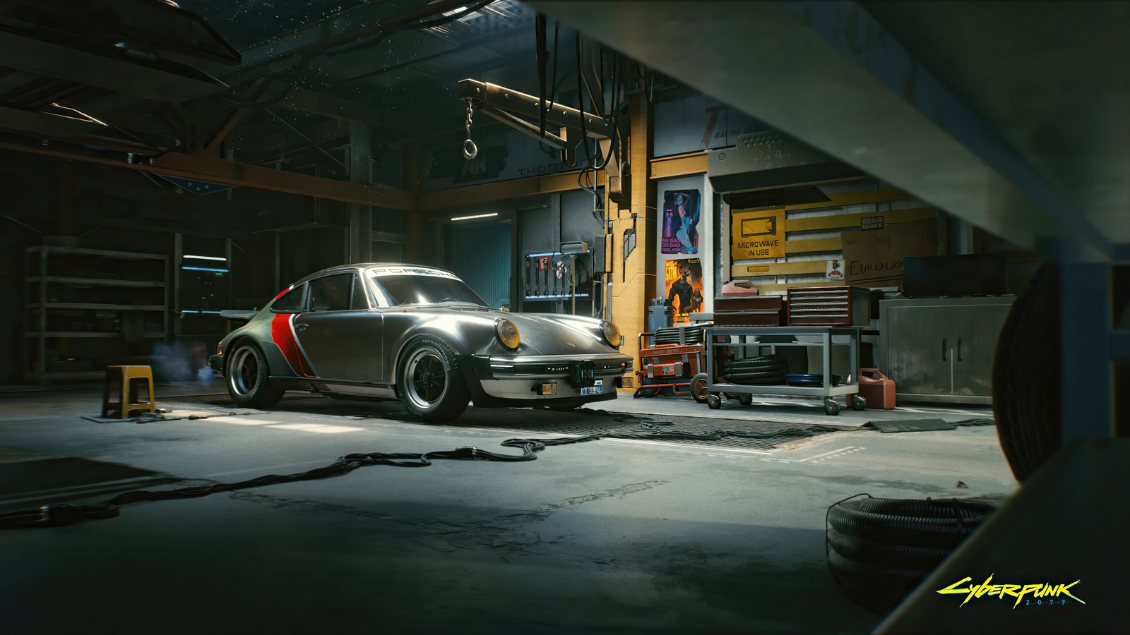 A close up of a car in a garage with a lot of tools (cyberpunk 2077, video game, porsche, car)