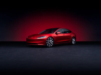 2023 Tesla Model 3: Elegante Rote Elektro-Limousine in 4K Ästhetik