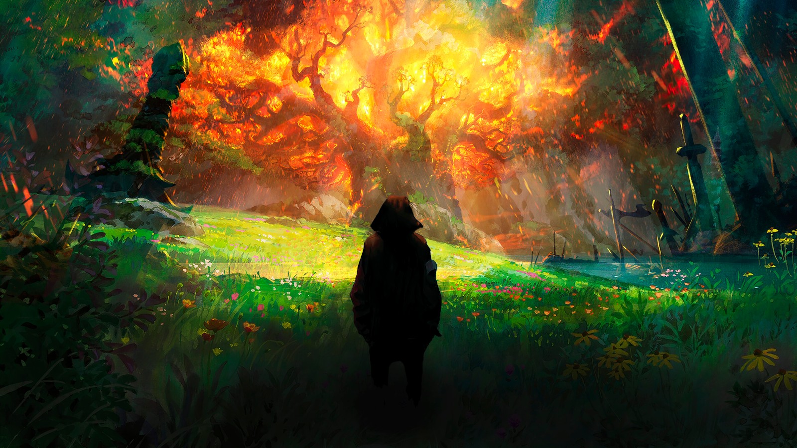 Pintura de una persona de pie en un campo con un bosque al fondo (fantasía, ardiendo, árbol del mundo, teldrassil, world of warcraft)