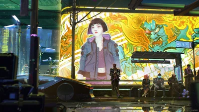 A vibrant cyberpunk cityscape featuring neon-lit streets, a striking mural of a female character, and figures waiting by a futuristic vehicle.