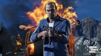 Trevor Philips in Grand Theft Auto V, poised with an assault rifle against a fiery backdrop.