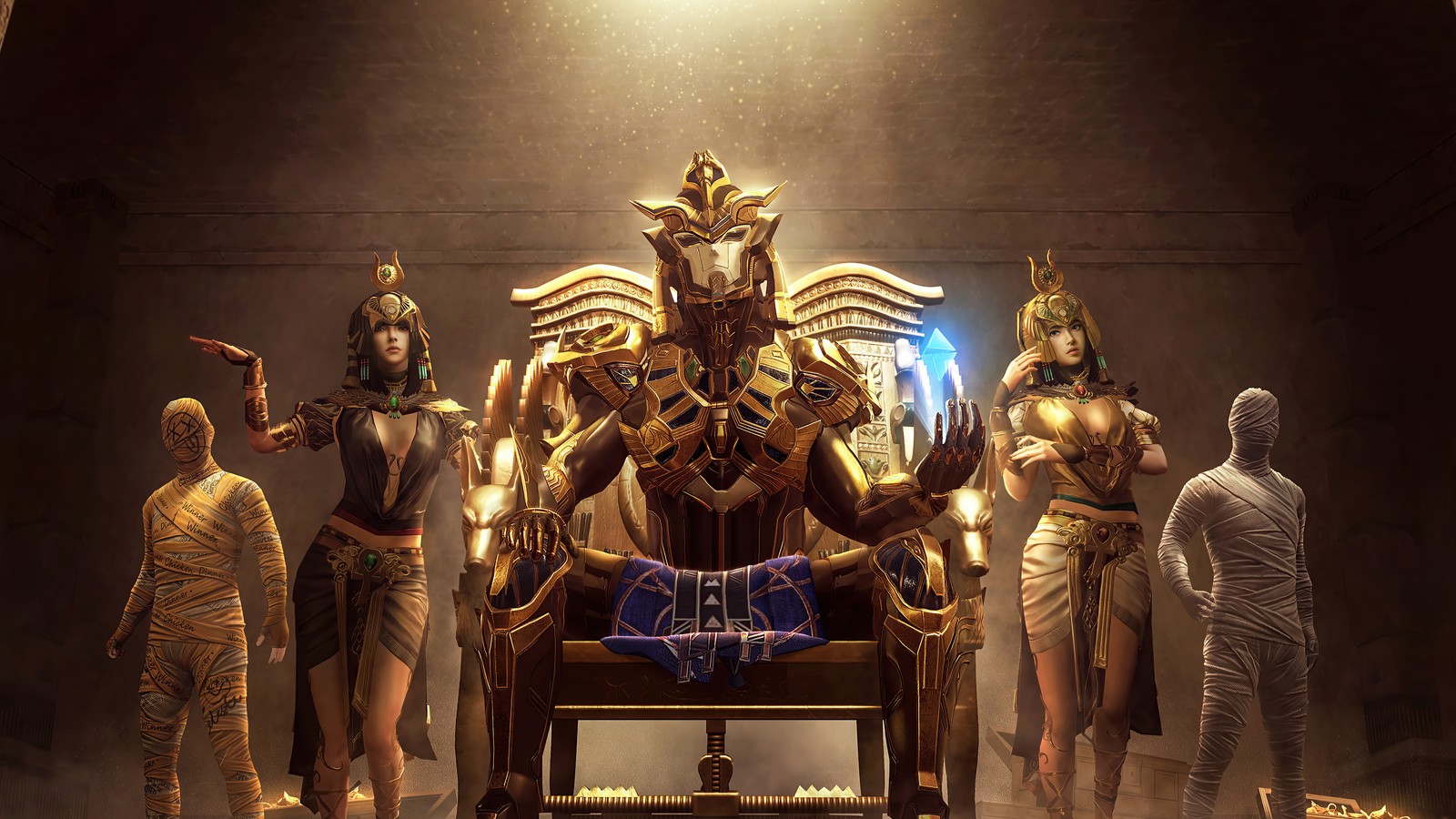 Uma estátua de um trono com um grupo de pessoas em pé ao redor (pubg mobile, terno golden pharaoh x, playerunknowns battlegrounds, roupa, jogos)