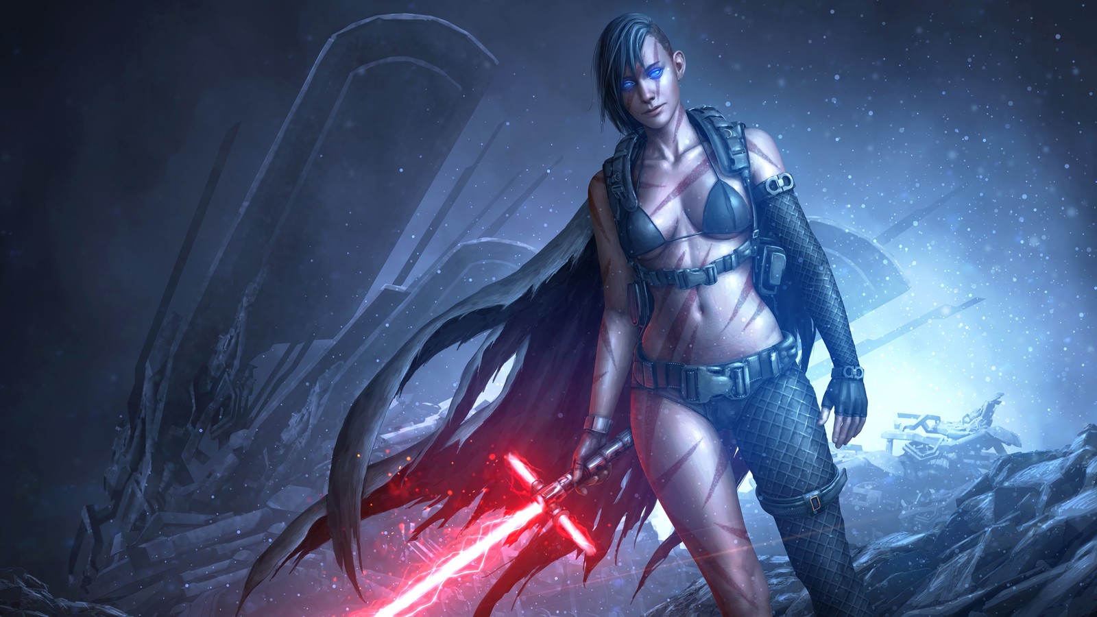 Une femme en bikini et en costume de sabre laser debout dans la neige (star wars, filles, sabre laser, lightsaber, guerrier)