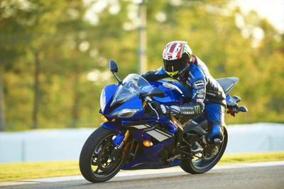 Moto de sport Yamaha en course sur une piste, avec un pilote en équipement complet et une moto bleue vibrante.