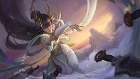 Irelia brandissant l'Épée Divine dans un paysage éthéré, incarnant grâce et force.