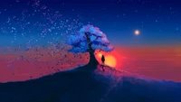 sunset, scenery, landscape, tree, digital art