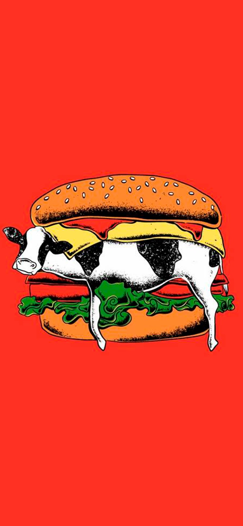 Un primer plano de una vaca en una hamburguesa con lechuga y tomate (hamburguesa, dibujo, comida, caricatura, perro)