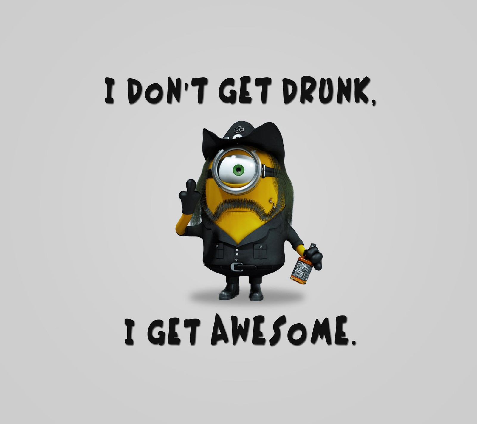 There is a minion with a gun and a hat on (awesome, bad, boy, funny, jack daniels)