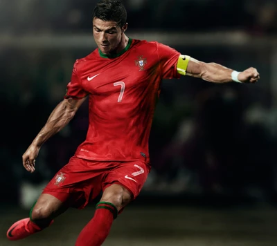 Cristiano Ronaldo in action, wearing the Portugal national team jersey, showcasing his athleticism and skill on the pitch.