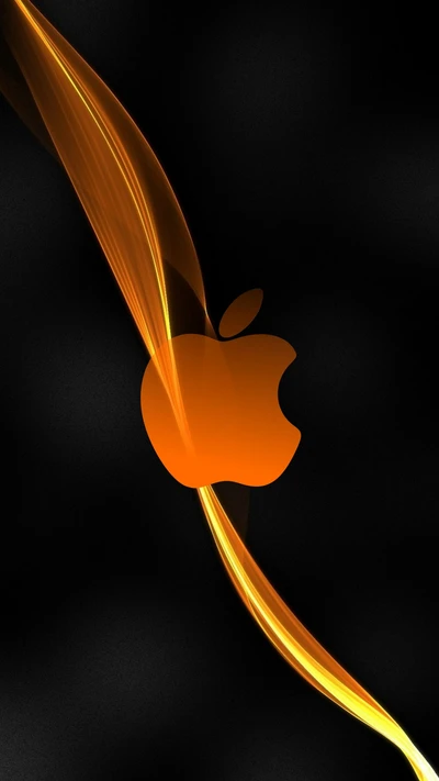 Logo de pomme orange avec des effets de lumière dynamique sur un fond noir