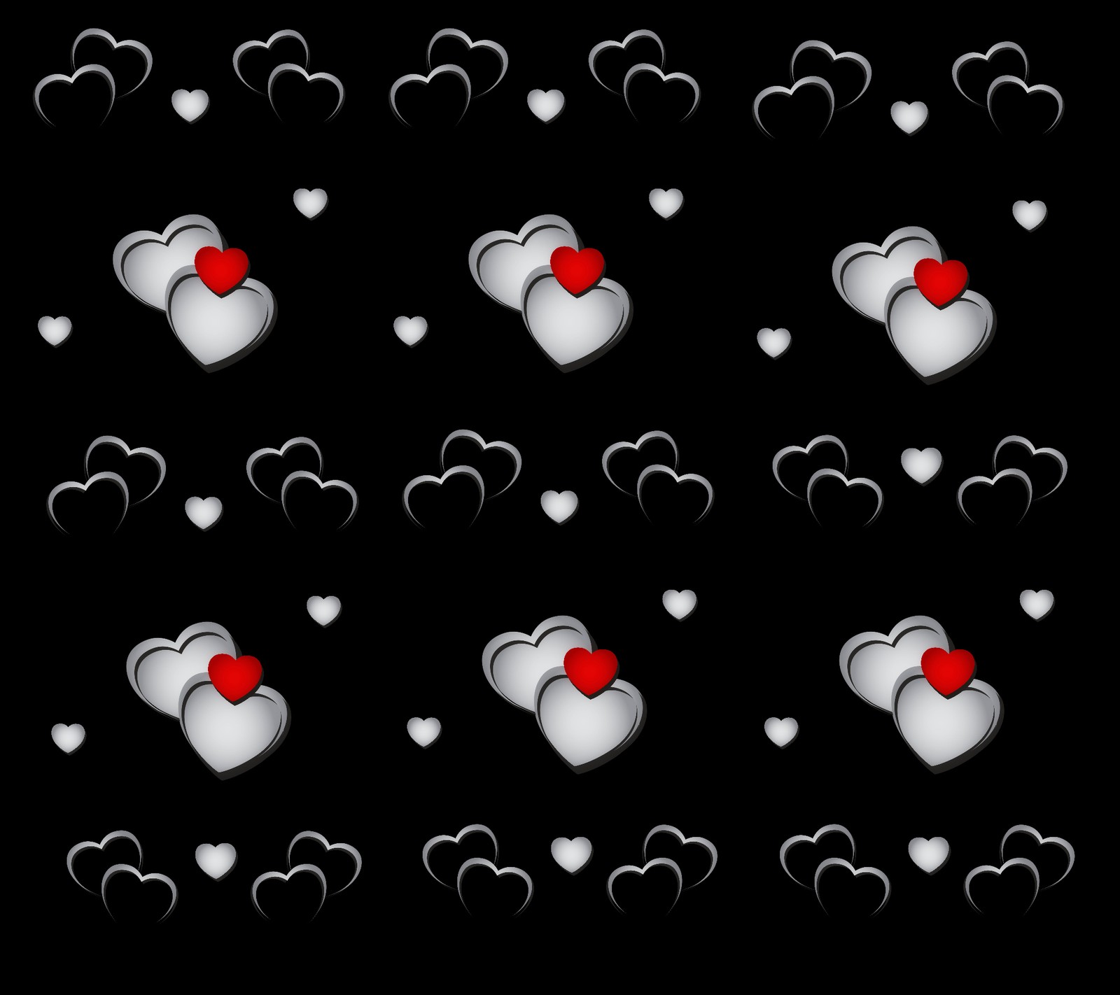 Группа сердец с красными и белыми сердцами на черном фоне (абстракция, сердца, красный, серебро)