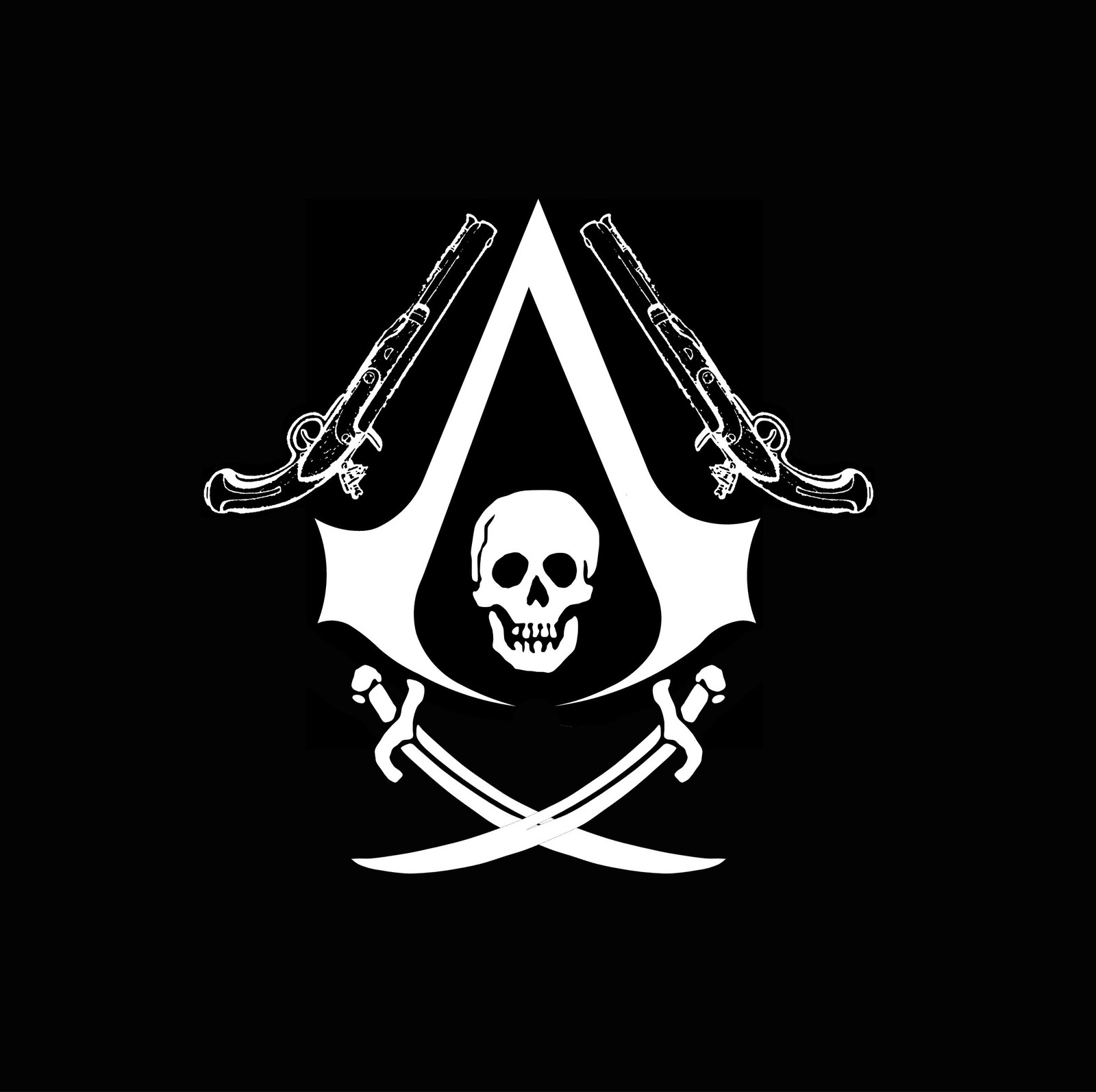 A black and white image of a skull and two swords (ac3, black, pirates, white)