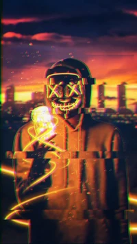 Glitch Art: American Figure with Neon Skull Mask at Dusk