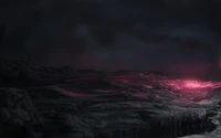 Vista Nocturna Abstracta 4K de un Paisaje Volcánico con un Misterioso Resplandor Rosa