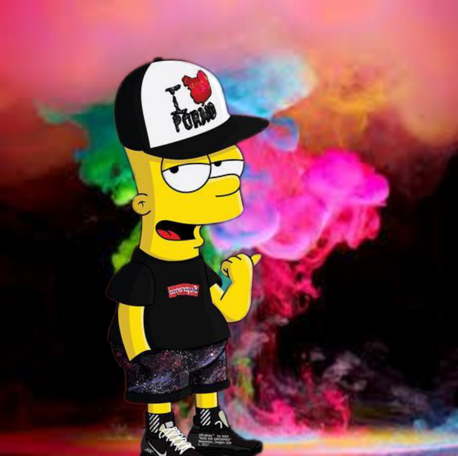 Un primer plano de un personaje de dibujos animados con un sombrero y sosteniendo una patineta (lit, bart simpson, épico)