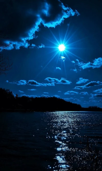 azul, nubes, luz de luna, mar, cielo