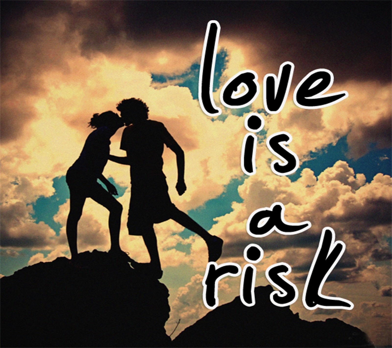 Hay una imagen de una pareja besándose en una roca (pareja, amor, love is a risk, risky love)