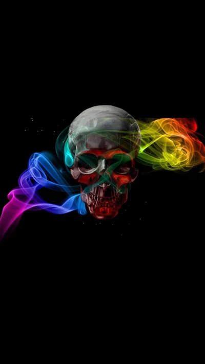 Calavera colorida rodeada de humo vibrante