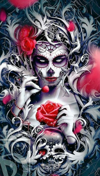 Arte intrincado de calavera y rosa