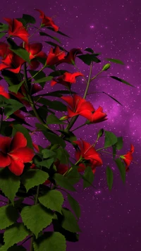 Fleurs rouges vibrantes sur un fond violet cosmique