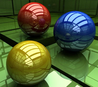 Abstract 3D spheres in vibrant colors on a reflective surface.