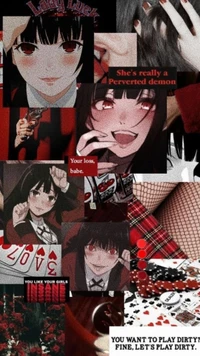 Ein dynamisches Collage mit Yukimi aus "Kakegurui", das Themen wie Glücksspiel und Verführung mit fettem Text und verspielten Bildern zeigt.