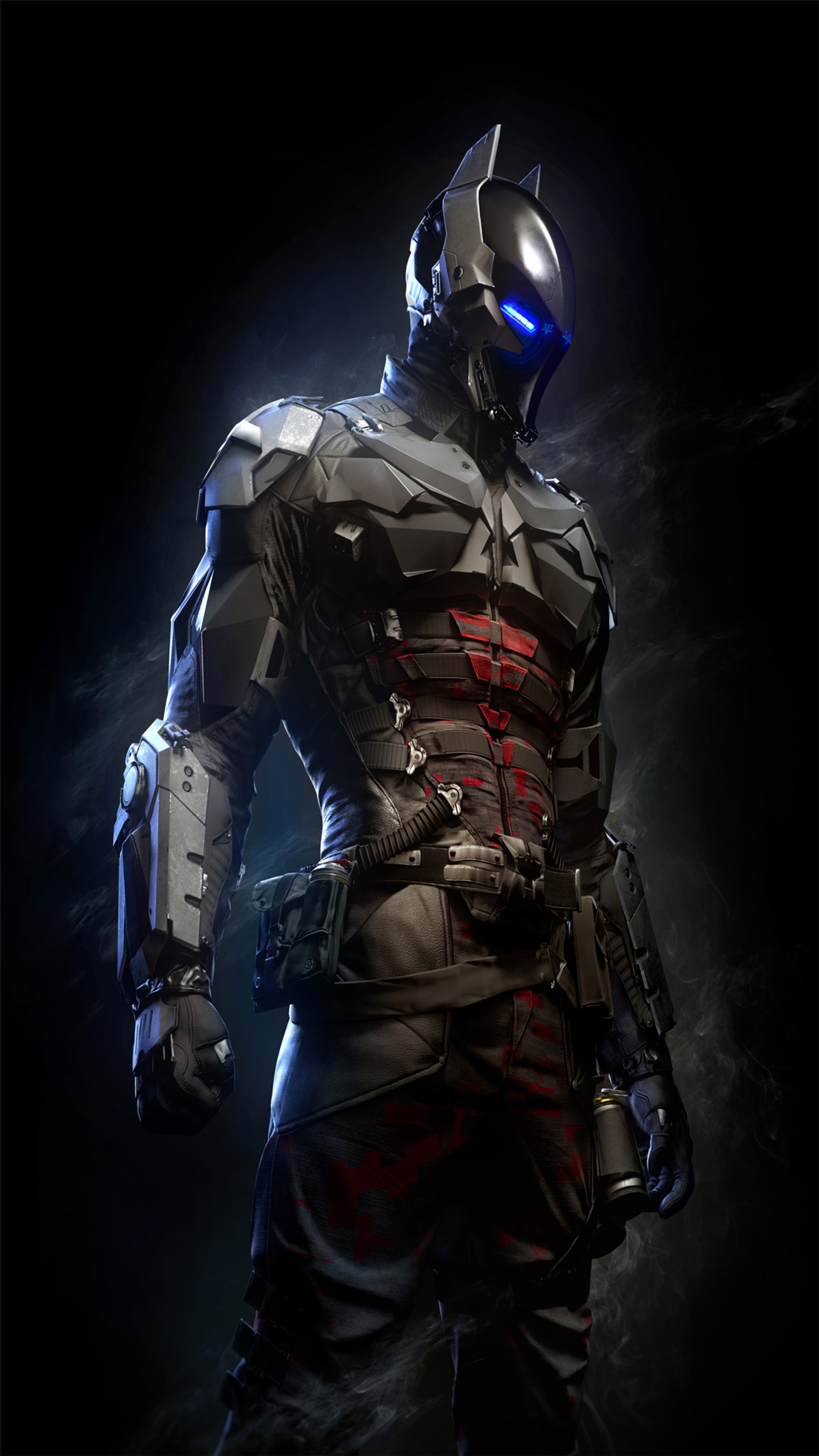 Batman in a suit with a gun and a helmet (batman, black, blue, dark, red)