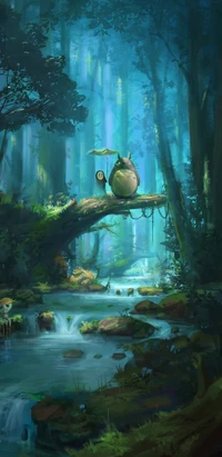 Scène forestière enchanteresse avec Totoro dans un paysage magique