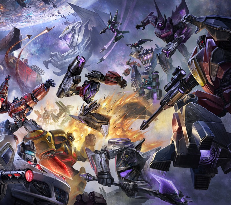 A group of robots are fighting in a battle with a giant robot (formers, trans)