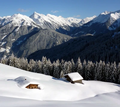 cabañas, montañas, nieve, invierno, madera