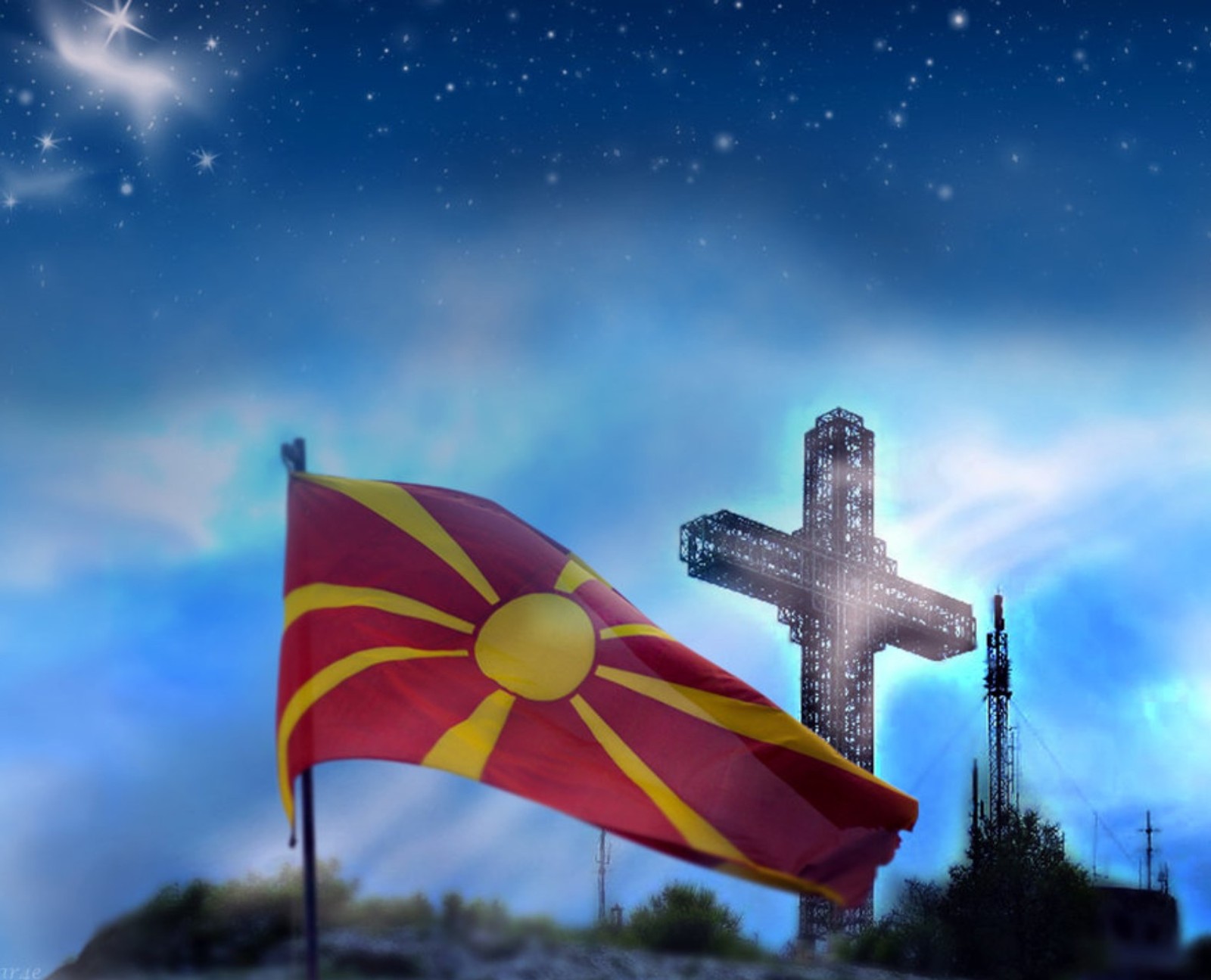 Há uma cruz e uma bandeira em uma colina com um fundo de céu. (macedônia, cruz, never greek, ortodoxo, macedonian flag)