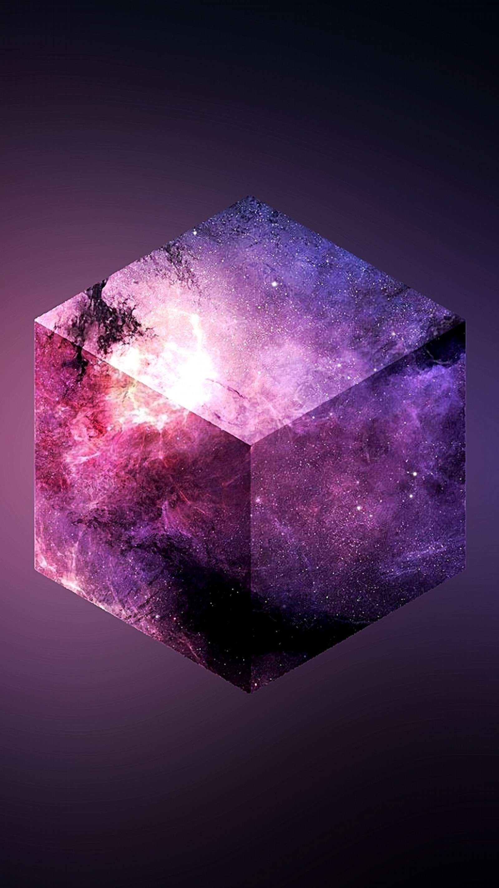 A close up of a purple and blue cube with a galaxy in the background (abstract, cube, wallpaper)