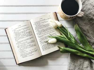 café, livre, plante, tasse, fleur