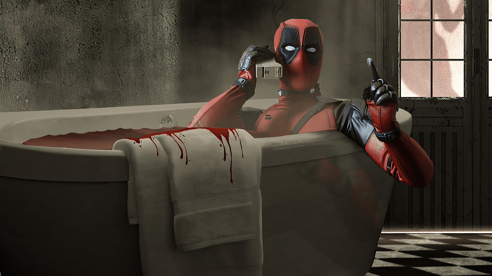 Deadpool en una bañera con la cara ensangrentada y un cuchillo (gafas, carmín, pecho, disfraz, juegos)