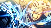 Naruto Uzumaki en action : explosion d'énergie dynamique avec des accents bleu électrique