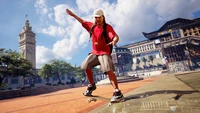 Skateboarder performing tricks in a vibrant urban setting from Tony Hawk's Pro Skater 1+2.